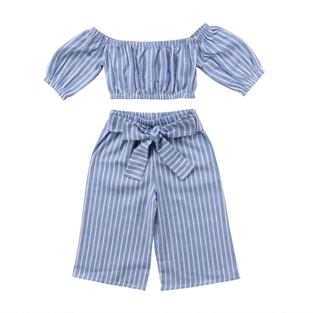Stripe Pattern Off Shoulder Crop Top & Matching Pants with Bo Knot Belt