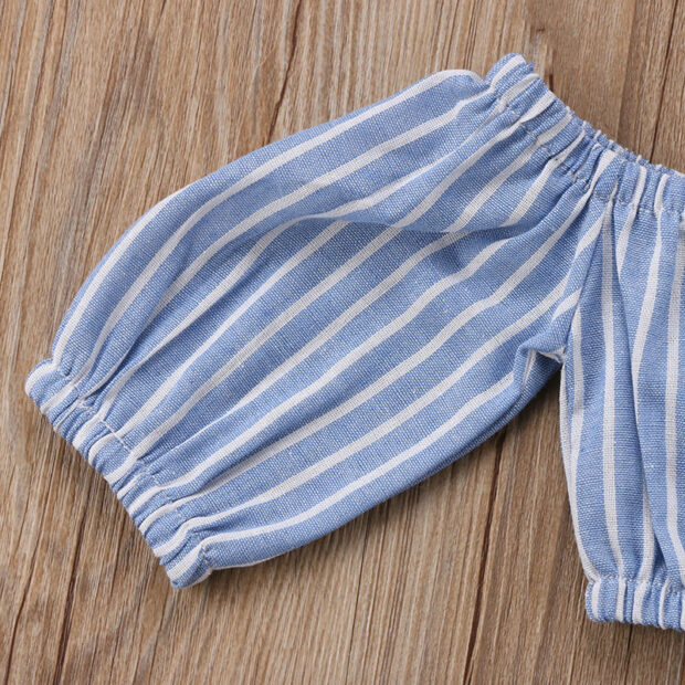 Stripe Pattern Off Shoulder Crop Top & Matching Pants with Bo Knot Belt - Image 3