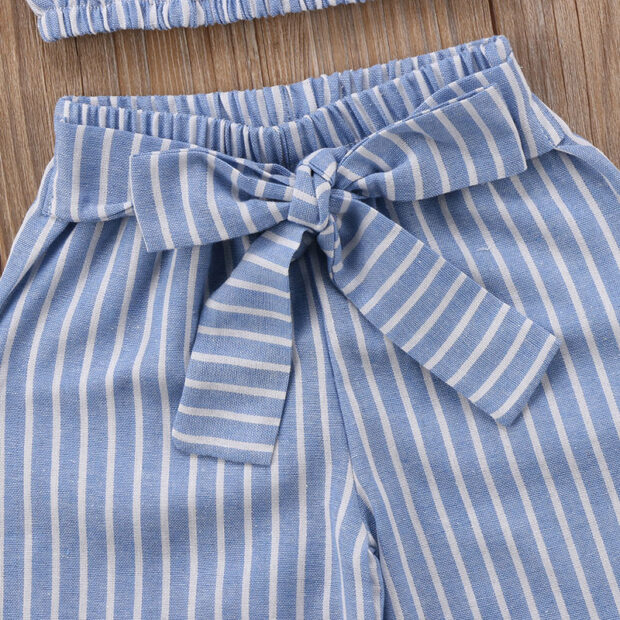 Stripe Pattern Off Shoulder Crop Top & Matching Pants with Bo Knot Belt - Image 4