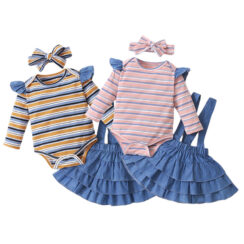 Denim Suspender Skirt Ruffled & Stripe Pattern Onesie Long Sleeve with Ribbon Bow Headband