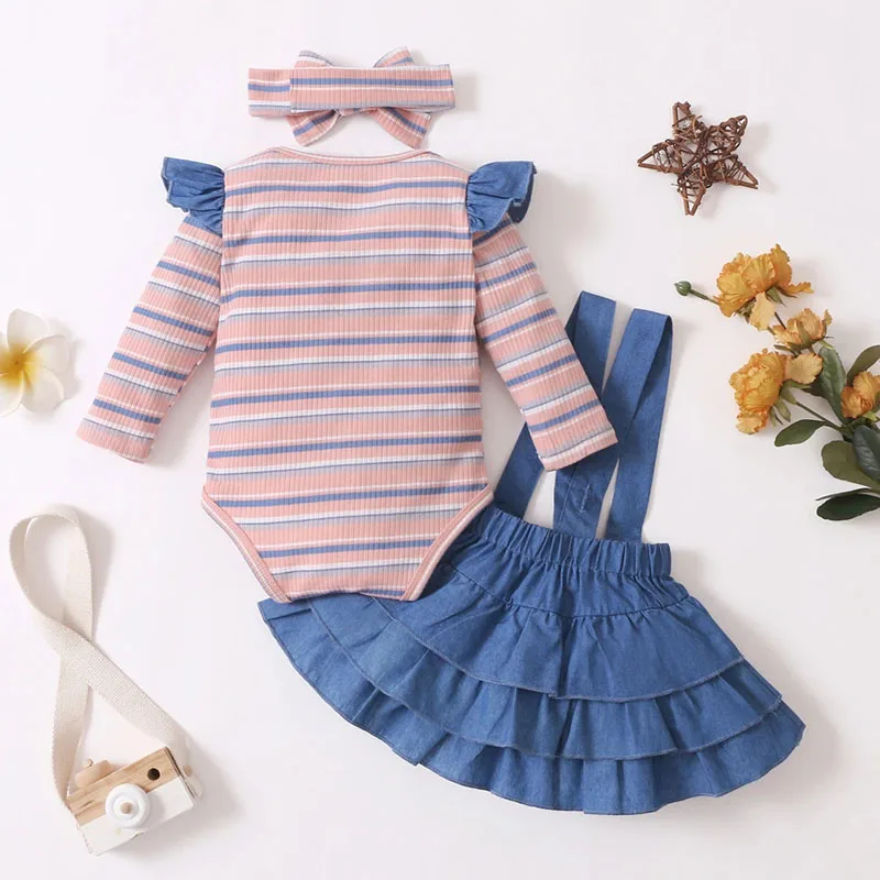 Denim Suspender Skirt Ruffled & Stripe Pattern Onesie Long Sleeve with Ribbon Bow Headband - Image 2