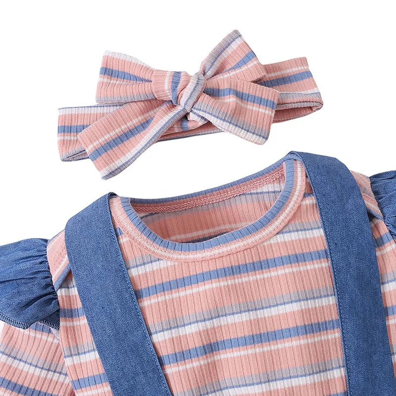 Denim Suspender Skirt Ruffled & Stripe Pattern Onesie Long Sleeve with Ribbon Bow Headband - Image 3