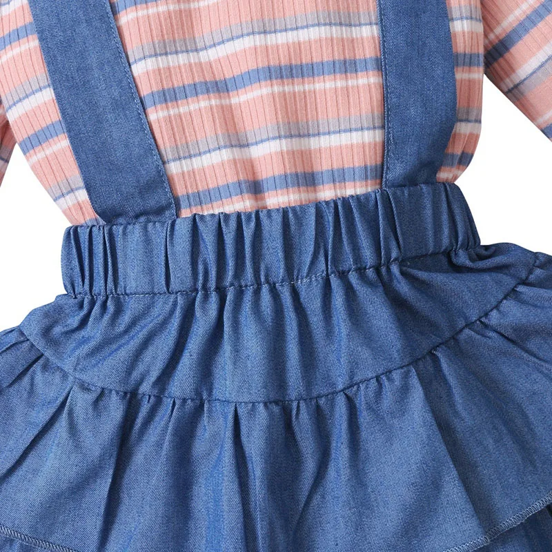 Denim Suspender Skirt Ruffled & Stripe Pattern Onesie Long Sleeve with Ribbon Bow Headband - Image 4