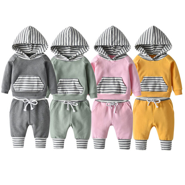 Stripe Pattern Hoodie & Matching Elastic Pants Long Sleeve Tracksuit