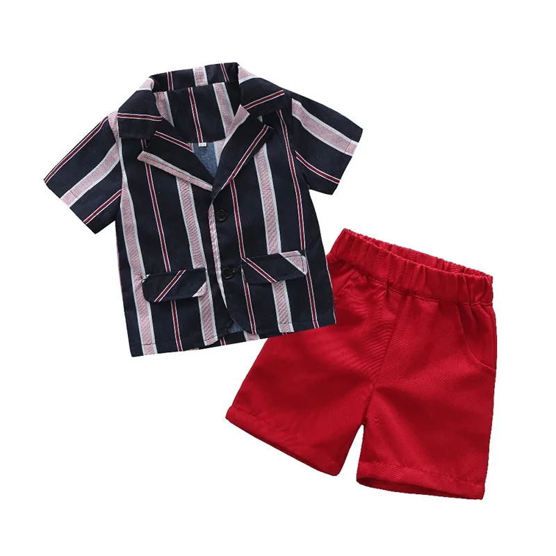 Baby Boy Stripe Pattern Shirt Jacket Short Sleeve, Shorts 2 pcs Outfit