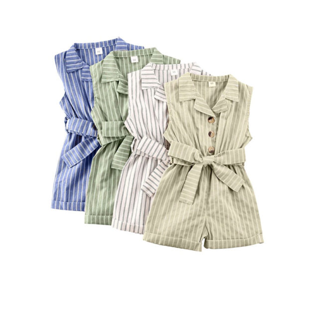 Stripe Pattern Trench Jumpsuit with Ribbon Belt Sleeveless