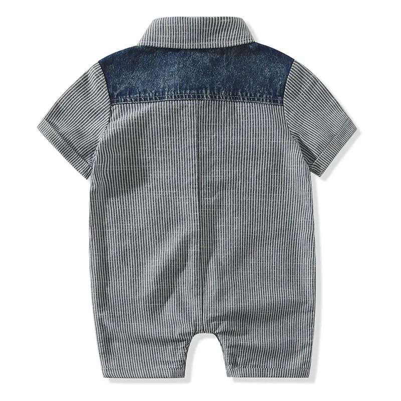 Baby Polo Style Denim One Piece Stripe Romper Short Sleeve - Image 2