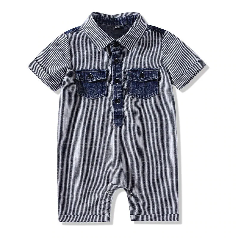 Baby Polo Style Denim One Piece Stripe Romper Short Sleeve