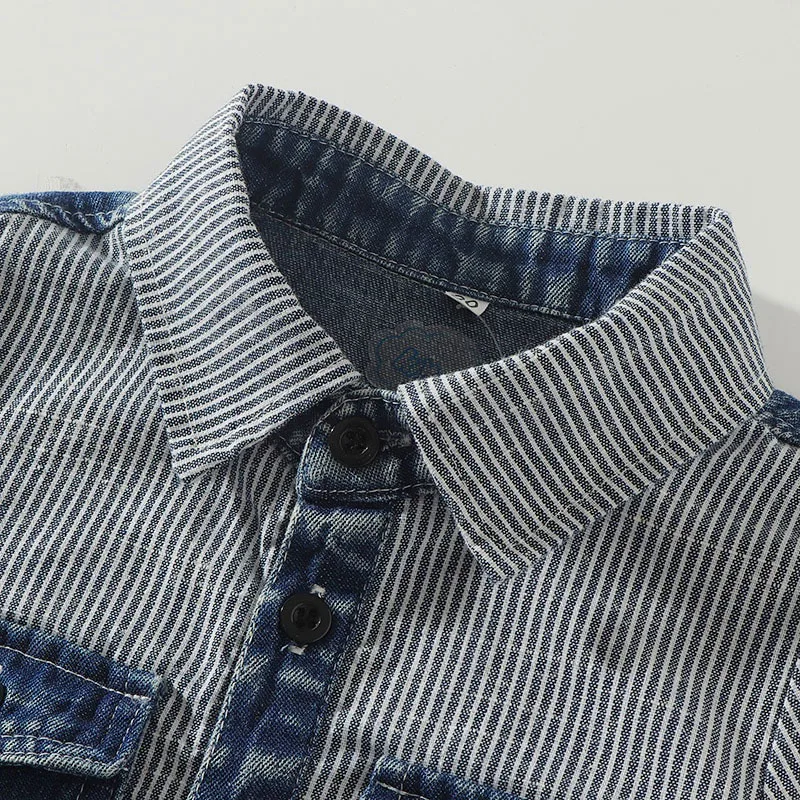 Baby Polo Style Denim One Piece Stripe Romper Short Sleeve - Image 3