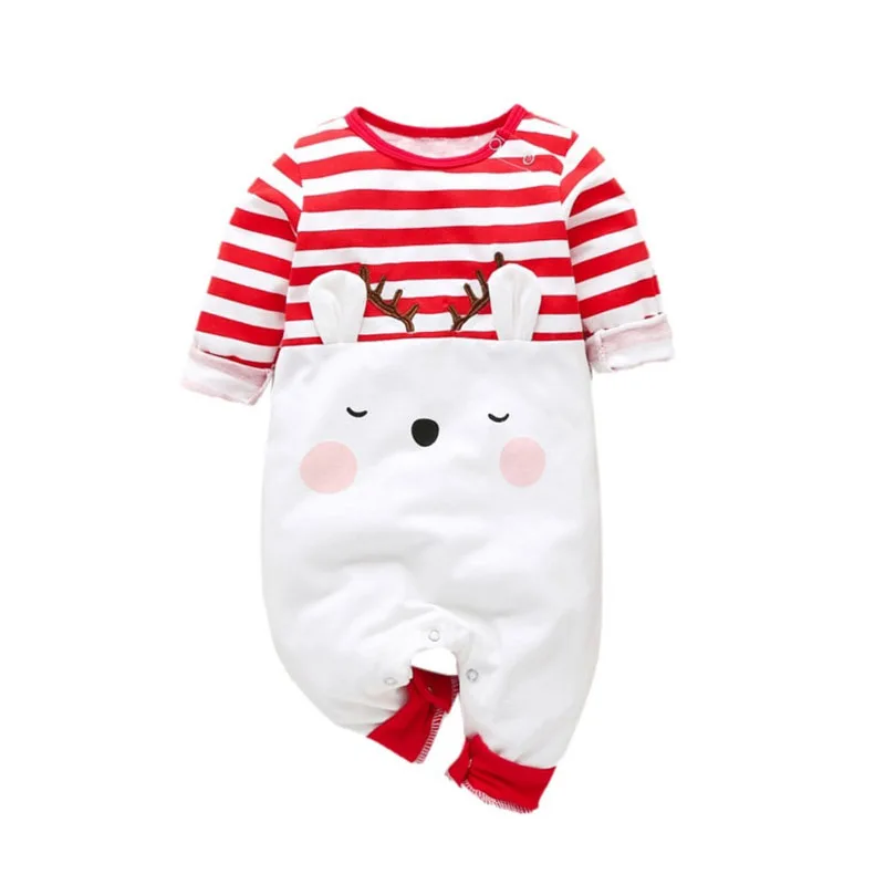 Stripe Reindeer Print Sleepwear Romper Long Sleeve