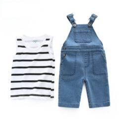 Baby Stripe Tank Top, Denim Elastic Overalls for Boys & Girls