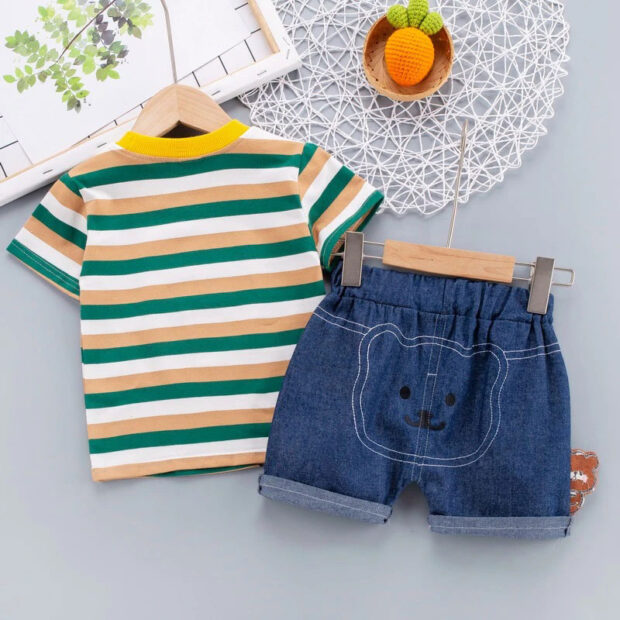 Stripe Pattern Teddy Bear Print T-Shirt & Denim Shorts Short Sleeve - Image 3