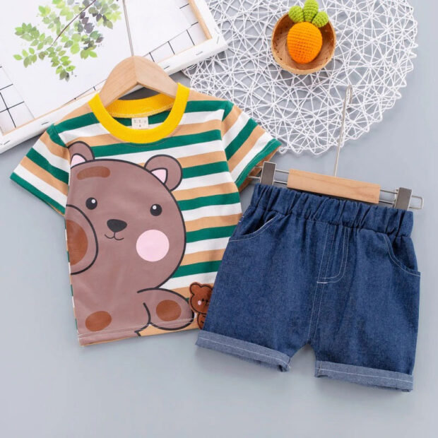 Stripe Pattern Teddy Bear Print T-Shirt & Denim Shorts Short Sleeve - Image 2