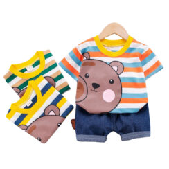 Stripe Pattern Teddy Bear Print T-Shirt & Denim Shorts Short Sleeve