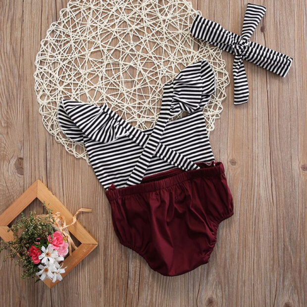 Black White Stripes Bodysuit Button Shorts Ribbon Headband - Image 3