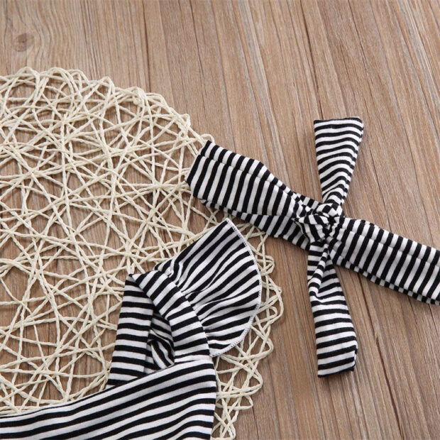 Black White Stripes Bodysuit Button Shorts Ribbon Headband - Image 6