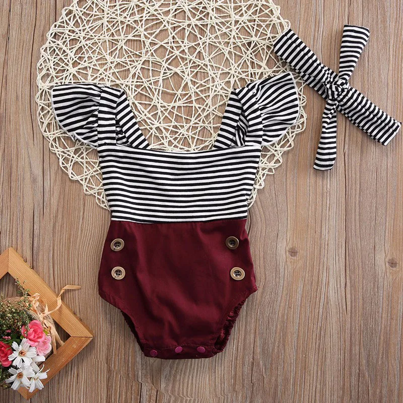 Black White Stripes Bodysuit Button Shorts Ribbon Headband - Image 2