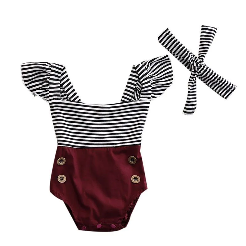 Black White Stripes Bodysuit Button Shorts Ribbon Headband