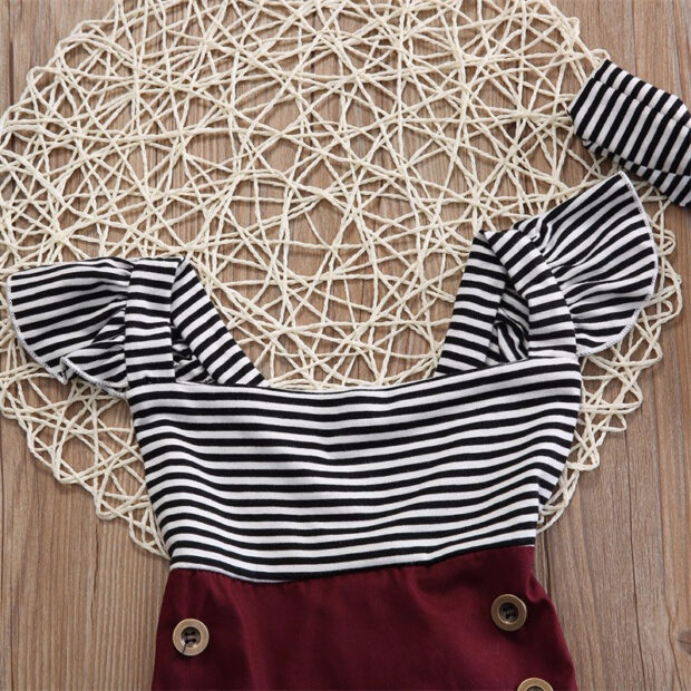 Black White Stripes Bodysuit Button Shorts Ribbon Headband - Image 4
