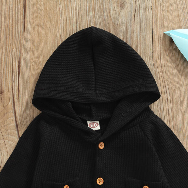 Plain Hoodie Romper Pajamas Long Sleeve Button Up Studded Texture - Image 3