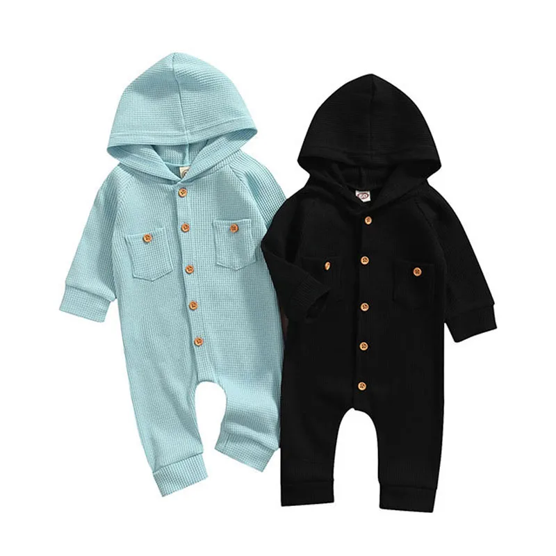 Plain Hoodie Romper Pajamas Long Sleeve Button Up Studded Texture