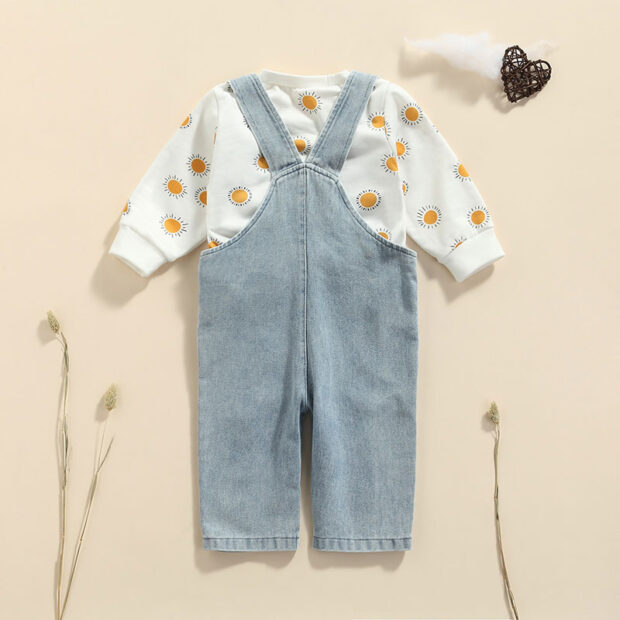 Sun Print Sweatshirt & Denim Overalls Long Sleeve Outfit - Image 3