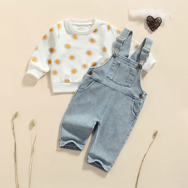 Sun Print Sweatshirt & Denim Overalls Long Sleeve Outfit - Image 2