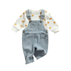 Sun Print Sweatshirt & Denim Overalls Long Sleeve Outfit
