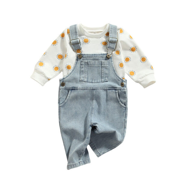 Sun Print Sweatshirt & Denim Overalls Long Sleeve Outfit