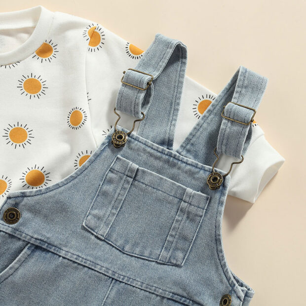 Sun Print Sweatshirt & Denim Overalls Long Sleeve Outfit - Image 5