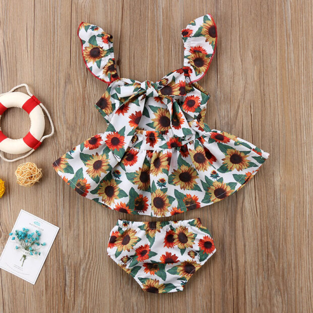 Sunflower Floral Sleeveless Backless Ribbon Ruffle Dress Bodysuit - Image 3