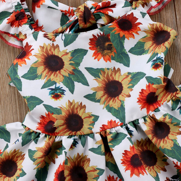 Sunflower Floral Sleeveless Backless Ribbon Ruffle Dress Bodysuit - Image 5