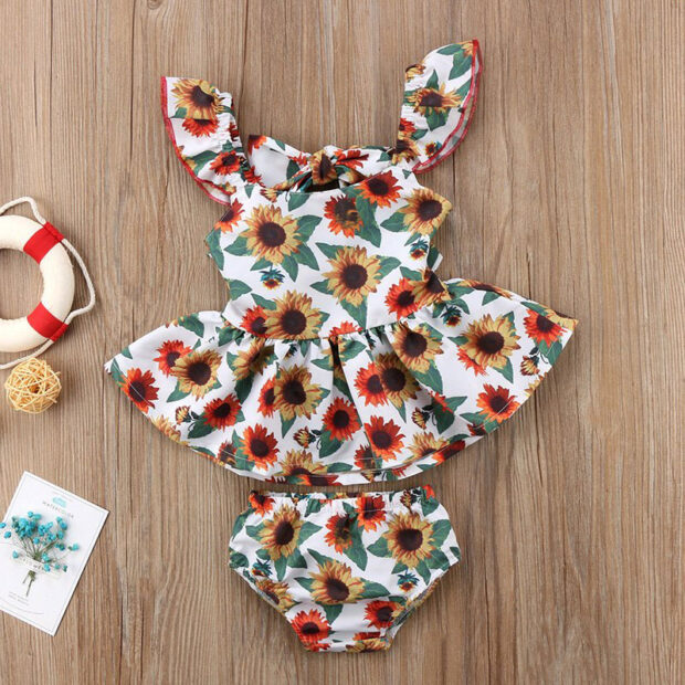 Sunflower Floral Sleeveless Backless Ribbon Ruffle Dress Bodysuit ...