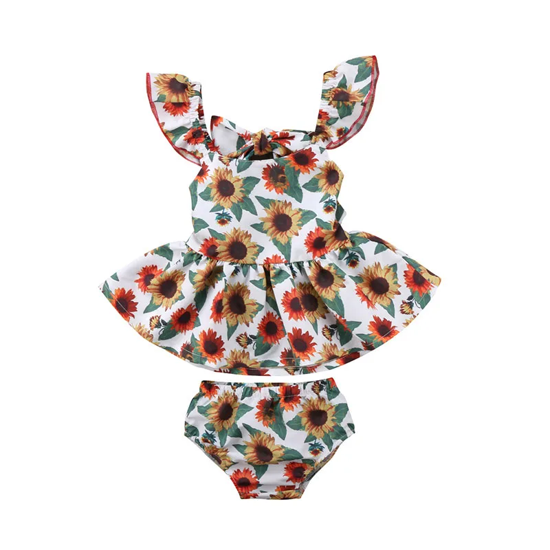 Sunflower Floral Sleeveless Backless Ribbon Ruffle Dress Bodysuit