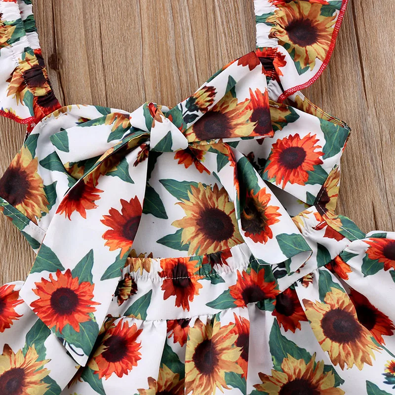 Sunflower Floral Sleeveless Backless Ribbon Ruffle Dress Bodysuit - Image 6