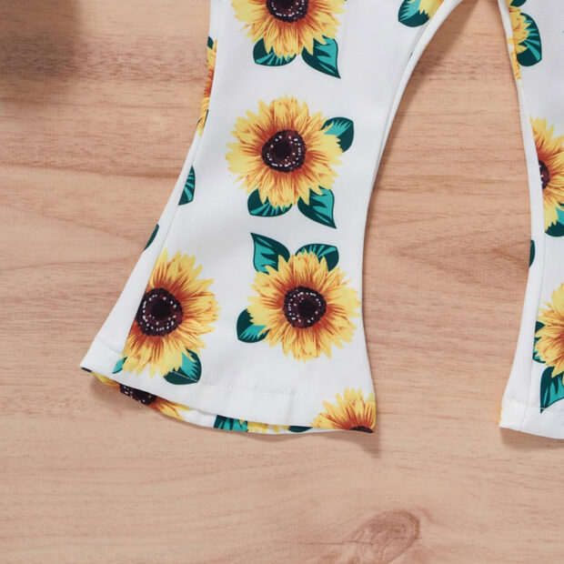 Sunflower Pattern Crop Top Off Shoulder & Matching Bell Bottom Pants Long Sleeve - Image 5