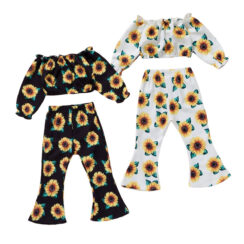Sunflower Pattern Crop Top Off Shoulder & Matching Bell Bottom Pants Long Sleeve