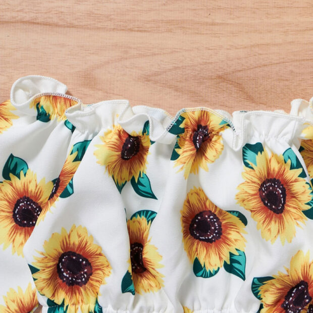 Sunflower Pattern Crop Top Off Shoulder & Matching Bell Bottom Pants Long Sleeve - Image 2