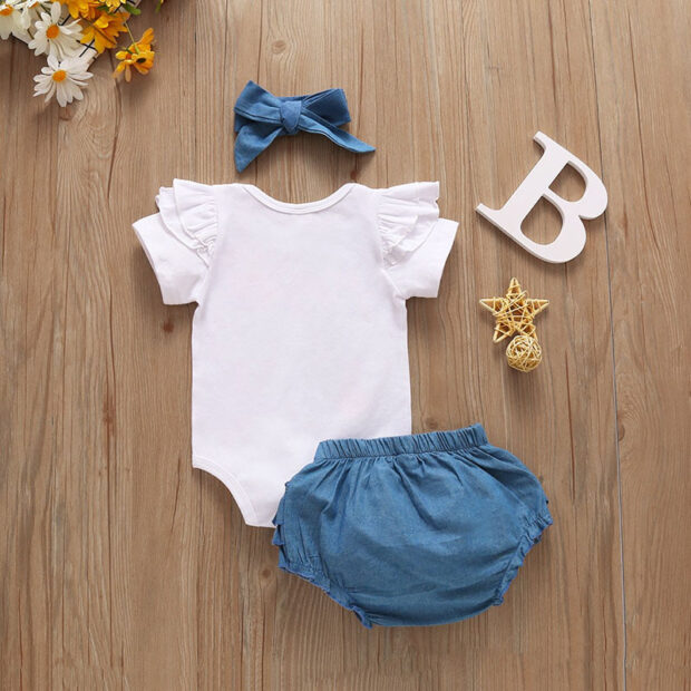 Sunflower Print Enjoy the Little Things Onesie Short Sleeve & Denim Tiered Bloomers with Headband - Image 2