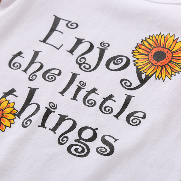 Sunflower Print Enjoy the Little Things Onesie Short Sleeve & Denim Tiered Bloomers with Headband - Image 4