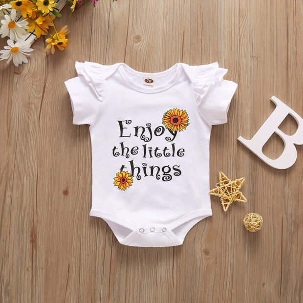 Sunflower Print Enjoy the Little Things Onesie Short Sleeve & Denim Tiered Bloomers with Headband - Image 3