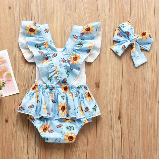 Sunflower Pattern Strap Romper with Ribbon Headband Sleeveless & Open Back - Image 2
