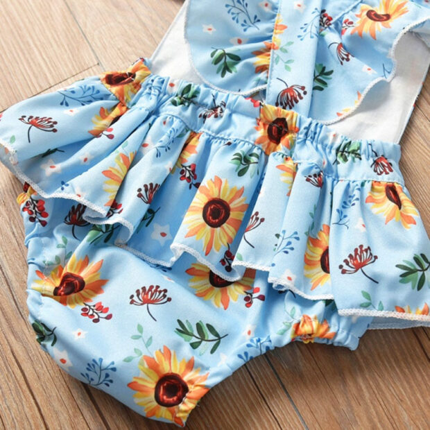 Sunflower Pattern Strap Romper with Ribbon Headband Sleeveless & Open Back - Image 5
