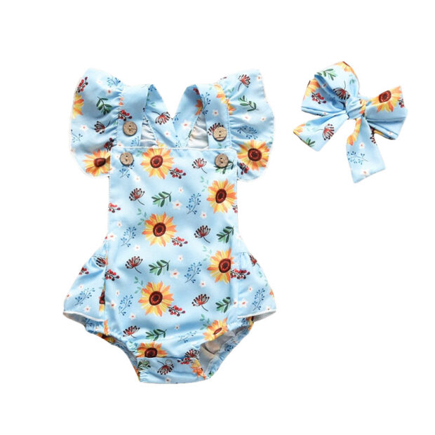 Sunflower Pattern Strap Romper with Ribbon Headband Sleeveless & Open Back