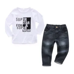Baby Super Mum Letter Print T-Shirt & Jeans Long Sleeve 2 pcs Set