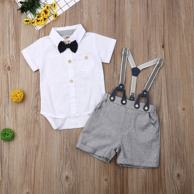 Suspenders Outfit with Bow Tie & Button Onesie Short Sleeve - Image 2