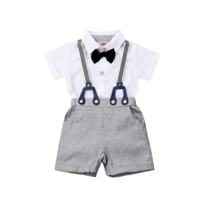 Suspenders Outfit with Bow Tie & Button Onesie Short Sleeve