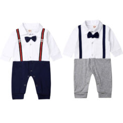 Suspenders Print Romper Long Sleeve with Bow Tie
