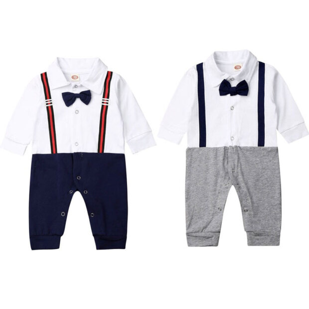 Baby Suspenders Print Romper Long Sleeve with Bow Tie