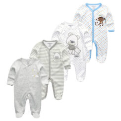 Teddy Bear Print Long Sleeves Footed One Piece Jumpsuit Pajamas 4pcs